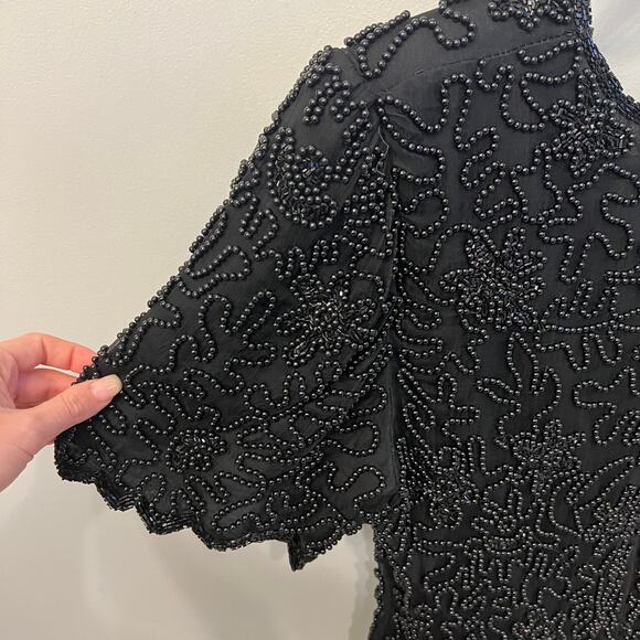 Vintage Laurence Kazar New York Black Beaded V Neck Short Sleeve silk xl Top - Picture 4 of 7